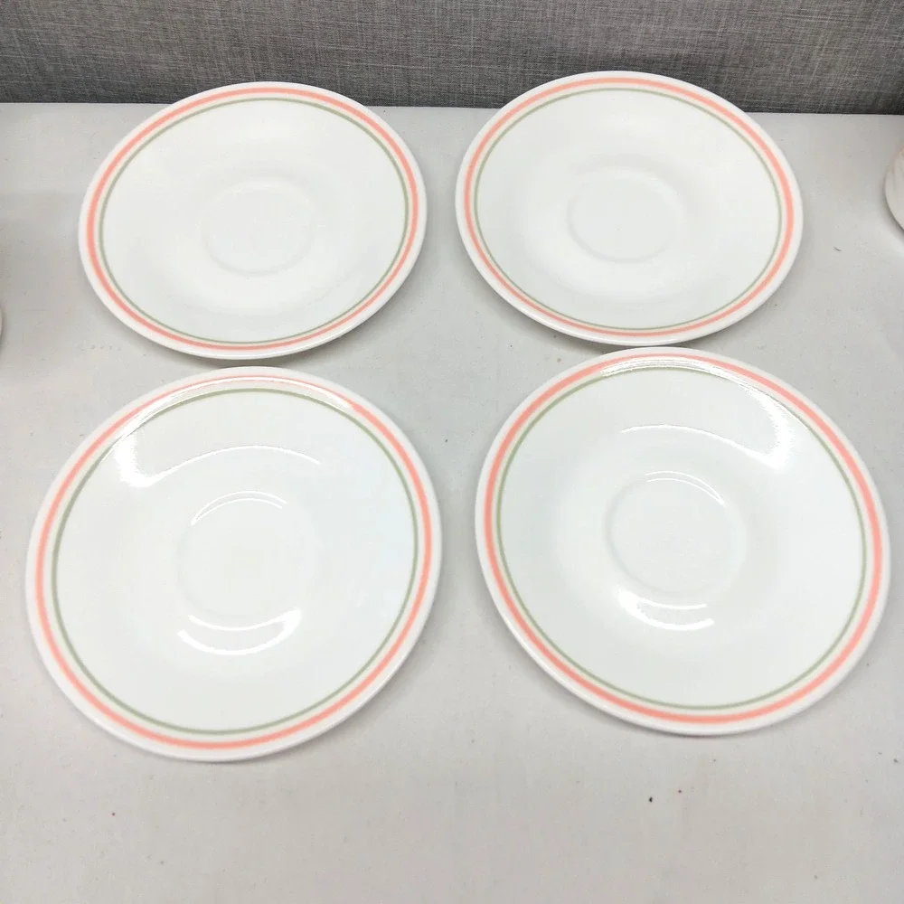 Vintage Corelle Peach Floral Cup Saucer Set‎ 4 Pink Green Stripe USA
